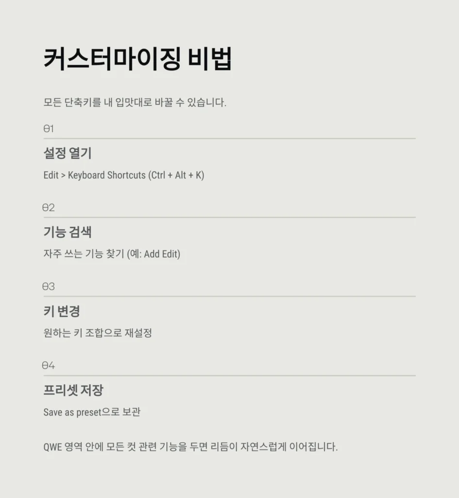 프리미어 프로 단축키, 손이 먼저 움직이게 만드는 비법 | 속도와 효율을 올리는 실전 가이드