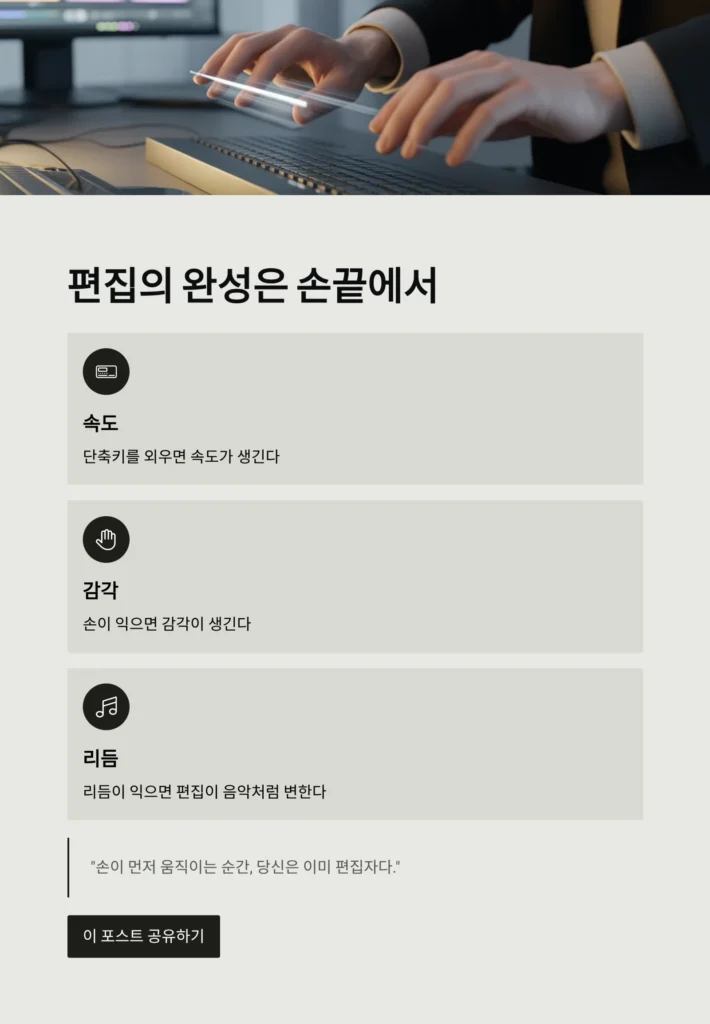 프리미어 프로 단축키, 손이 먼저 움직이게 만드는 비법 | 속도와 효율을 올리는 실전 가이드