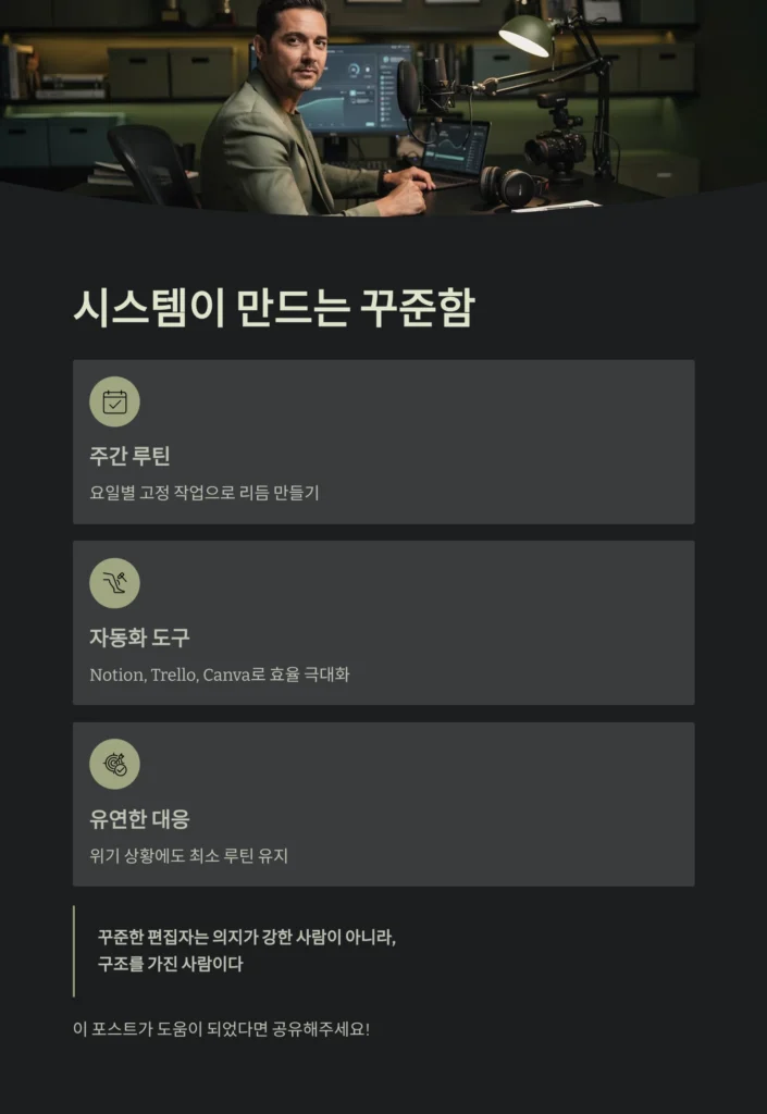 콘텐츠 편집 일정, 매주 흔들리지 않는 설계 | 효율적 루틴과 워크플로우 구축법 6 시스템이 만드는 꾸준함