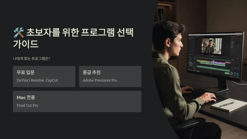 2026 영상 편집 완벽 가이드: 초보부터 유튜브 수익화까지 3 한 사람이 책상에 앉아 컴퓨터 화면의 다양한 영상 편집 프로그램 아이콘을 고민하며 보는 모습