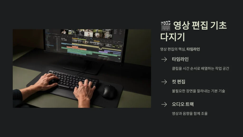 2026 영상 편집 완벽 가이드: 초보부터 유튜브 수익화까지 4 컴퓨터 화면에 영상 클립과 오디오 트랙이 배열된 영상 편집 타임라인이 보이는 모습