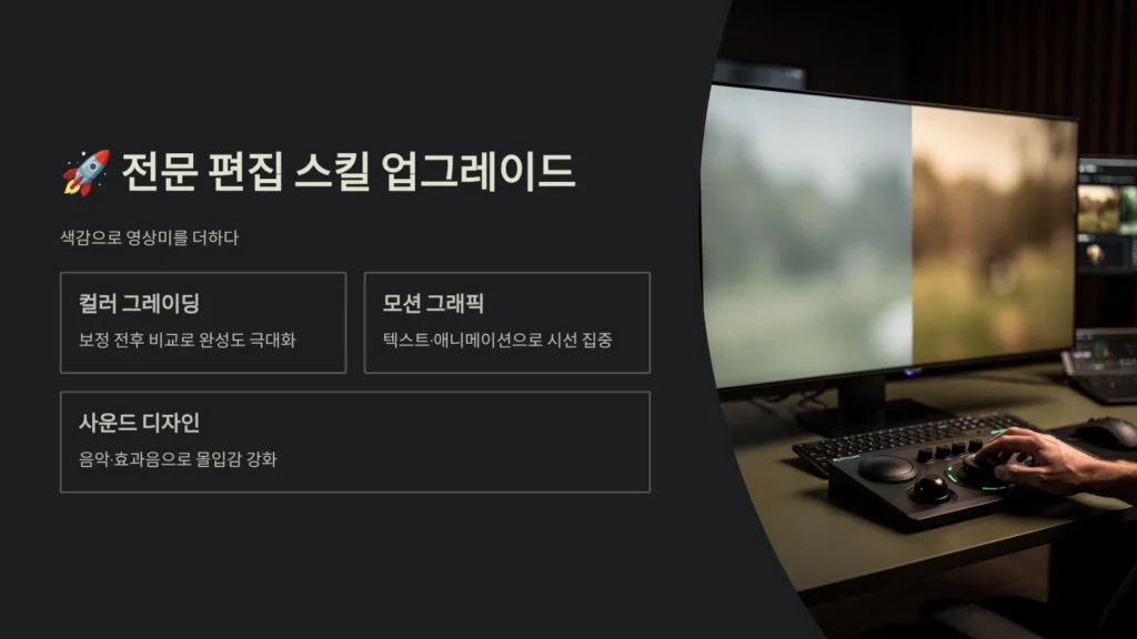 2026 영상 편집 완벽 가이드: 초보부터 유튜브 수익화까지 5 모니터에 컬러 그레이딩 전후가 비교된 영상과 색상 보정 패널이 보이는 모습
