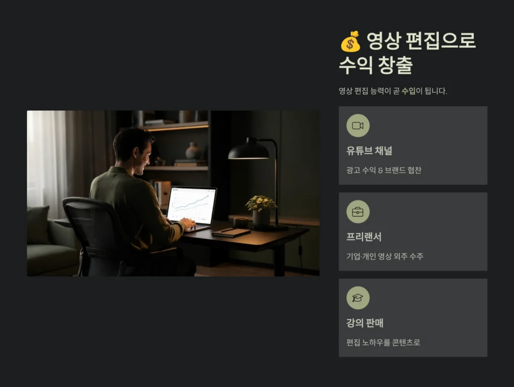 2026 영상 편집 완벽 가이드: 초보부터 유튜브 수익화까지 6 한 사람이 노트북으로 작업하며 수익 그래프가 보이는 화면을 흐뭇하게 바라보는 모습