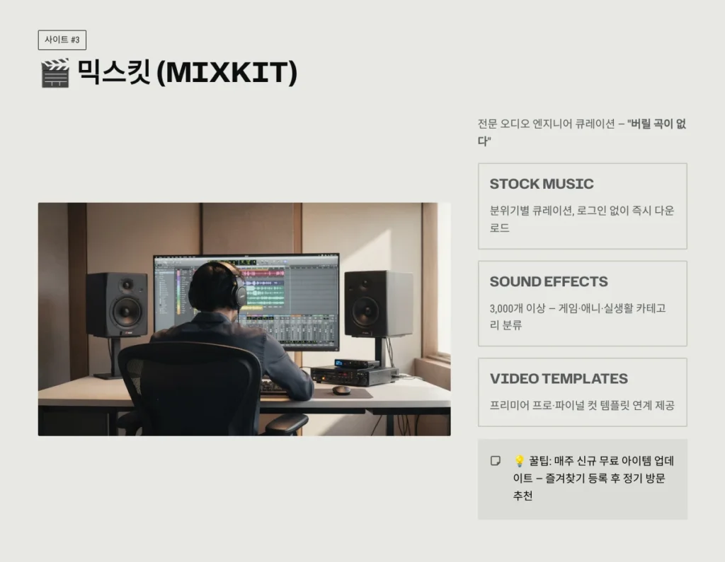 저작권 걱정 없는 무료 효과음 및 배경음악 사이트 TOP 5 3 믹스킷 (Mixkit)