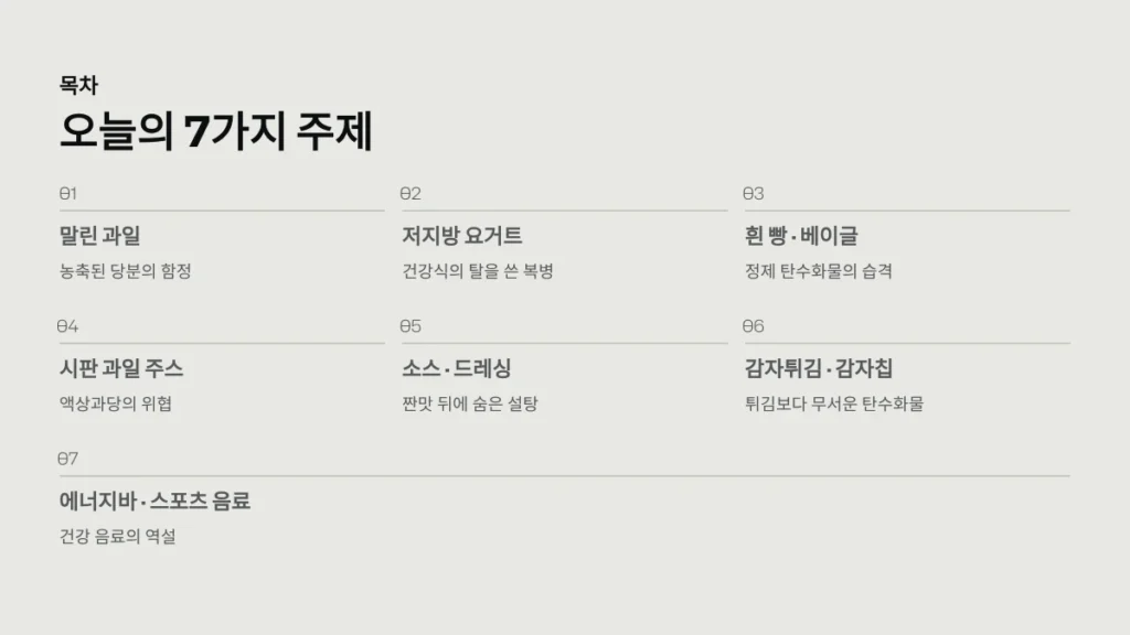 당뇨 환자가 피해야 할 의외의 음식 7가지: 혈당 관리를 방해하는 숨은 주범들 2 오늘의 7가지 주제