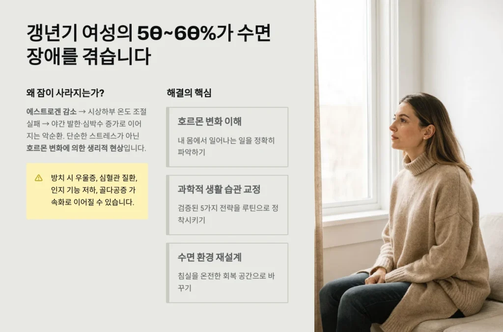 갱년기 여성의 50~60%가 수면 장애를 겪습니다