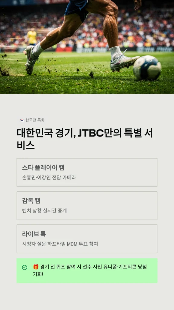 오늘 월드컵 중계 채널? 2026 월드컵 JTBC 편성표 및 NOW 온에어 버퍼링 해결법 5 대한민국 경기, JTBC만의 특별 서비스