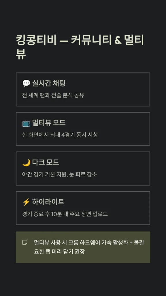 해외축구 무료 중계 사이트 추천 순위 (2026 헐크티비 킹콩티비 비교) 4 킹콩티비 멀티뷰 및 실시간 채팅 활용 꿀팁