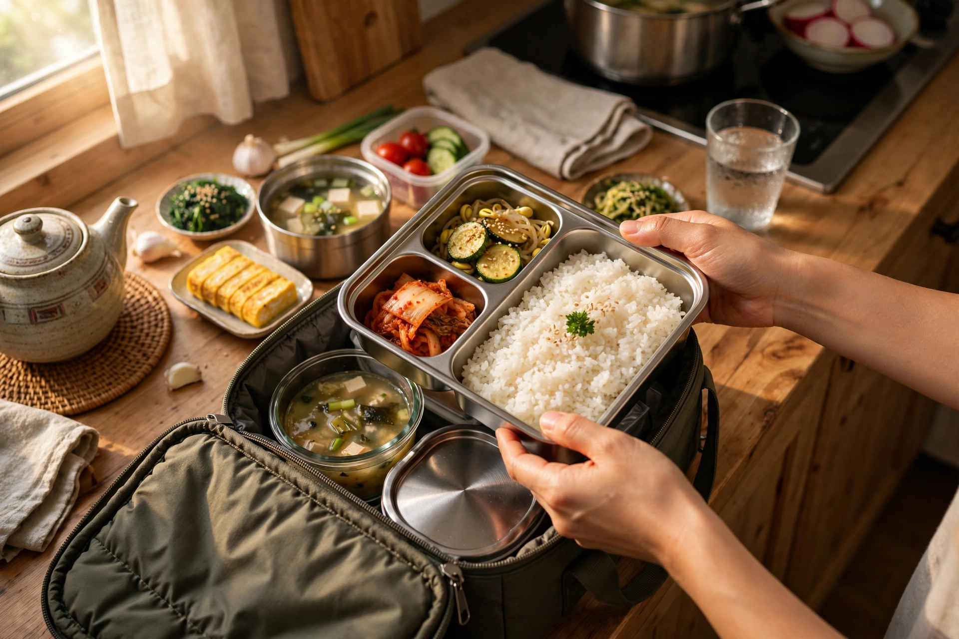 아침에 건강 도시락을 싸는 모습