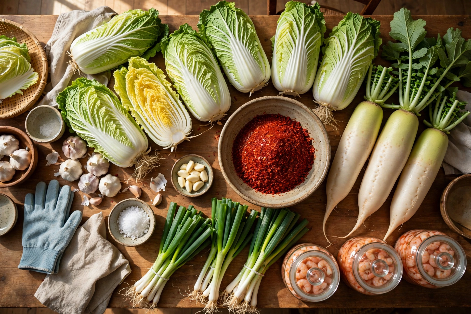 김장 재료를 가득 차려 놓은 김장 준비 상차림