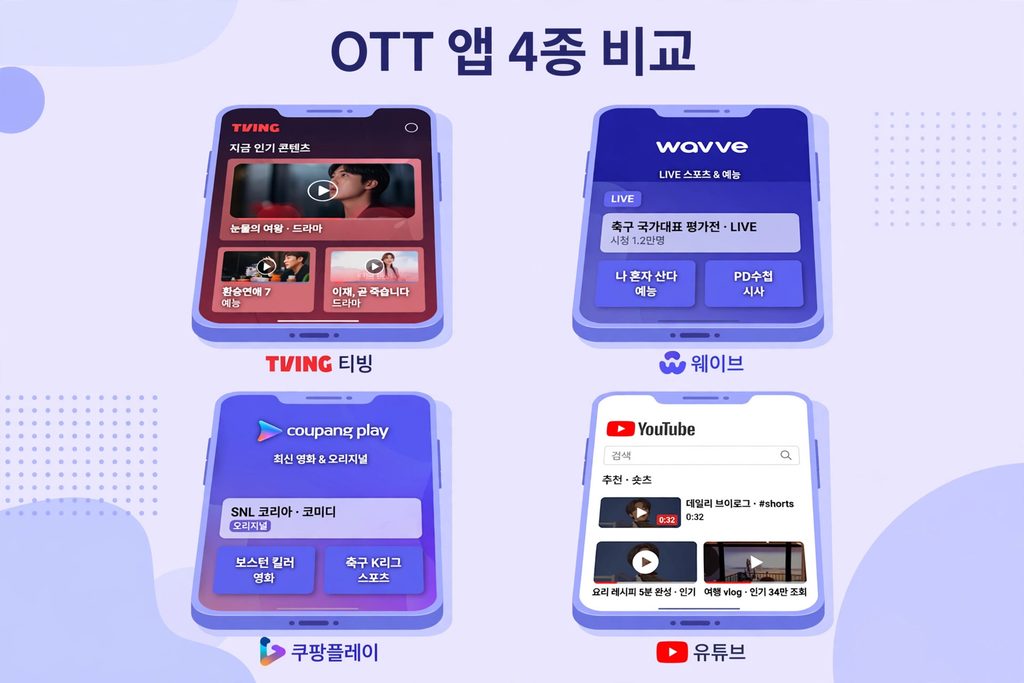OTT 앱 4종 비교 - 티빙 웨이브 쿠팡플레이 유튜브 앱 화면