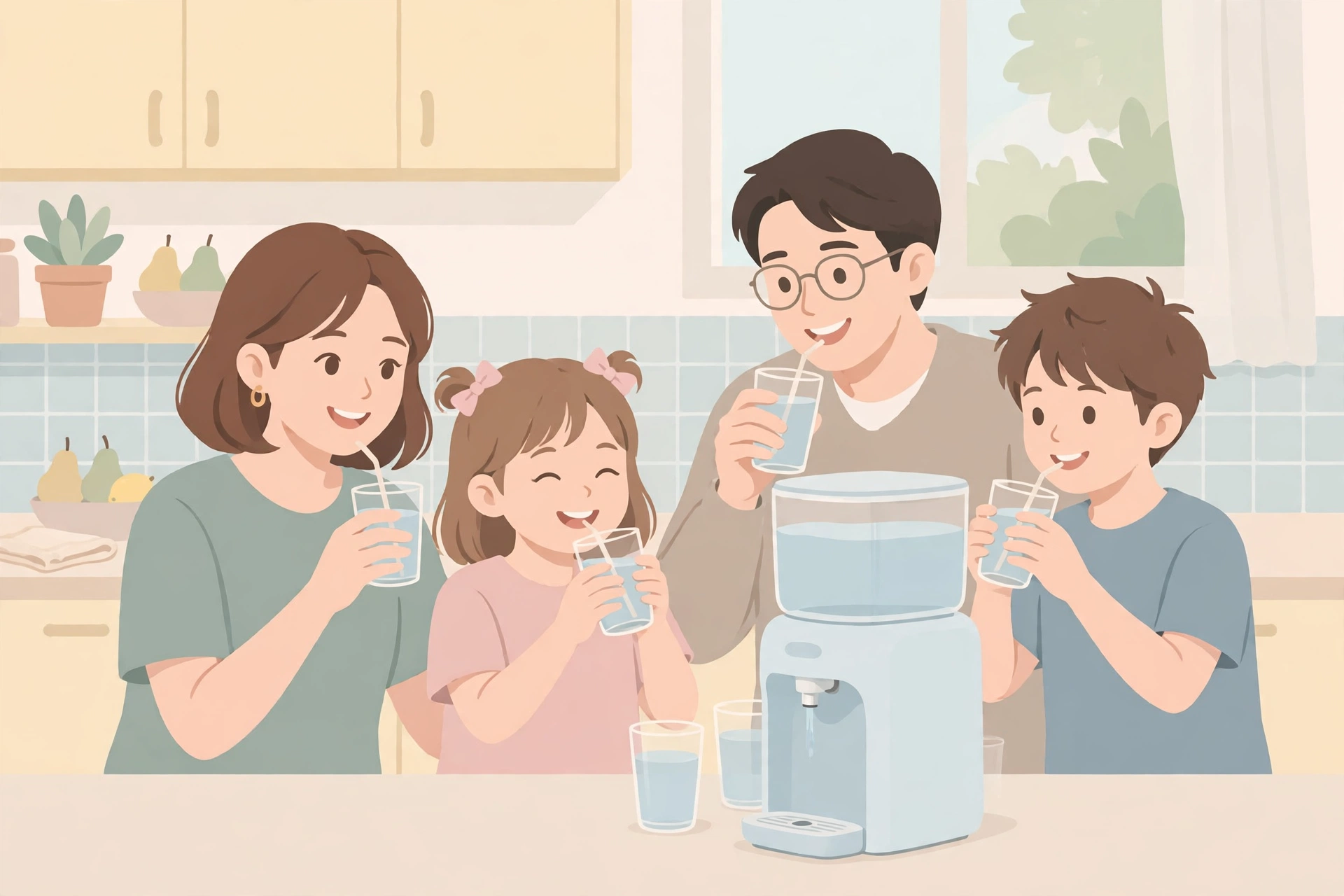 주방 싱크대에 정수기를 설치하는 모습