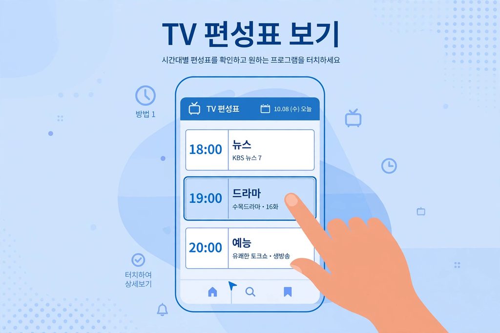 실시간 TV 편성표·재방송 200% 활용법|본방도 재방도 놓치지 않기 (2026) 2 TV 편성표 보기 - 시간대별 편성표에서 프로그램 터치하기