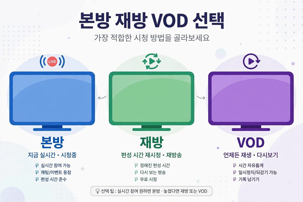 실시간 TV 편성표·재방송 200% 활용법|본방도 재방도 놓치지 않기 (2026) 5 본방 재방 VOD 선택 가이드 - 시청 방법 비교