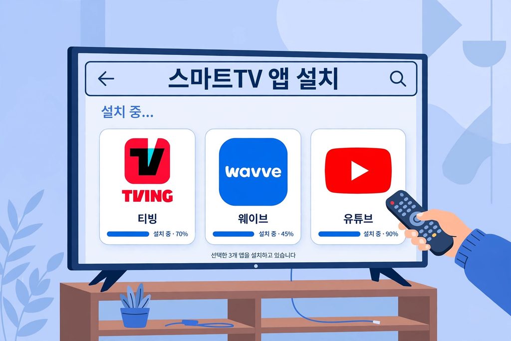 스마트TV로 실시간 TV 보는 법|앱 설치부터 미러링까지 (2026) 2 스마트TV 앱 설치 - 티빙 웨이브 유튜브 앱 설치 화면