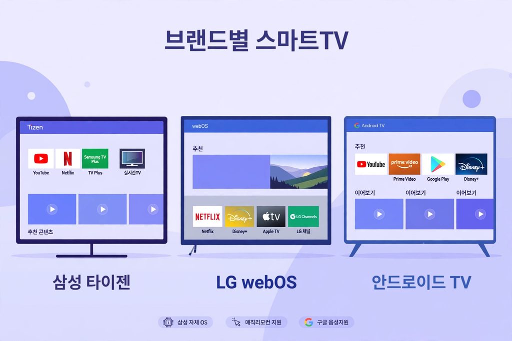 스마트TV로 실시간 TV 보는 법|앱 설치부터 미러링까지 (2026) 4 브랜드별 스마트TV 비교 - 삼성 타이젠 LG webOS 안드로이드TV