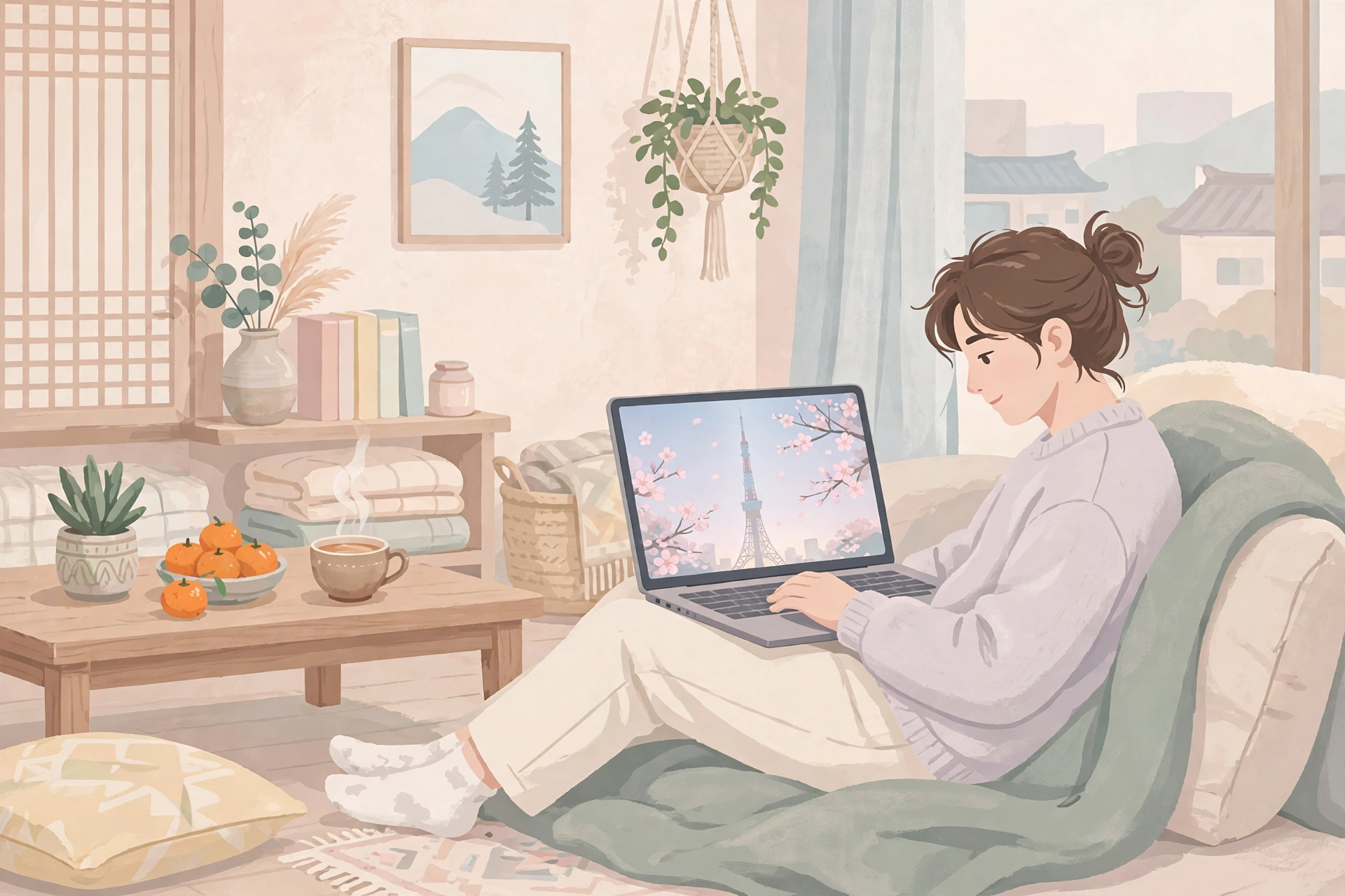 노트북으로 일본 TV 방송을 보는 모습