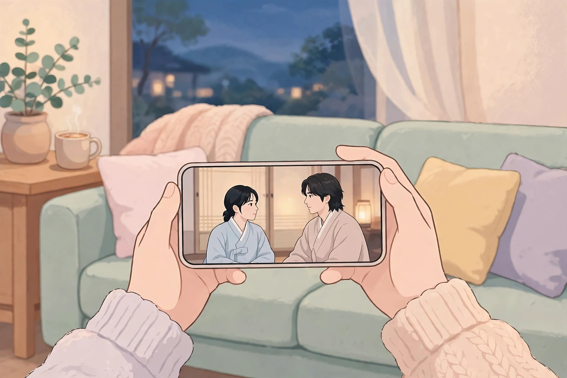 스마트폰으로 드라마 다시보기를 보는 모습
