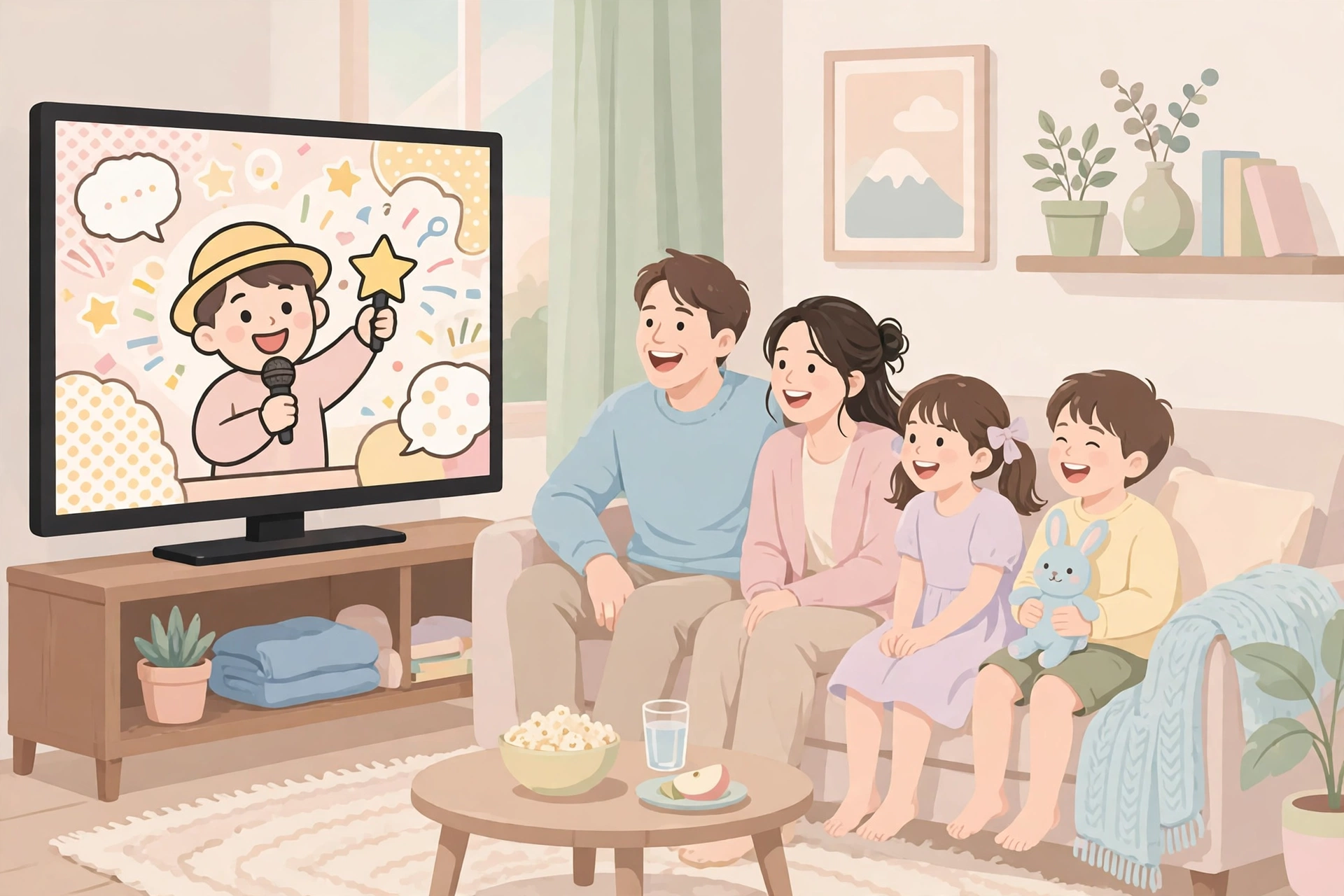 거실 TV로 일본 방송을 함께 보는 가족 모습