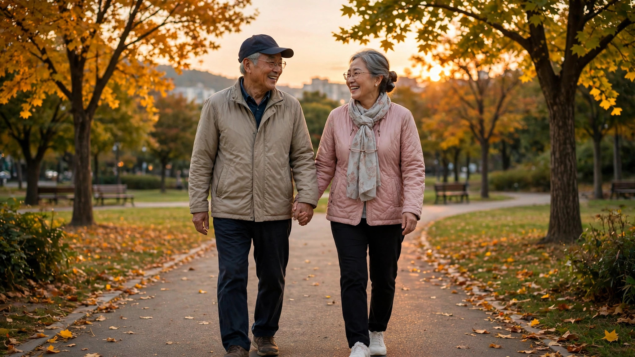 공무원연금 한눈에 정리|수급 조건·수령액·지급 시기 총정리 (2026) 5 공원 노을 속에서 산책하는 행복한 한국 노부부
